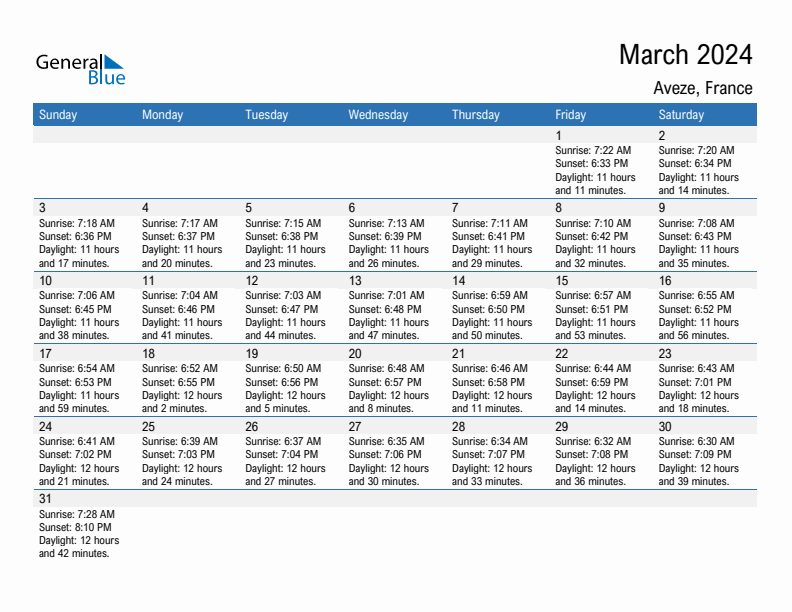 Aveze March 2024 sunrise and sunset calendar in PDF, Excel, and Word