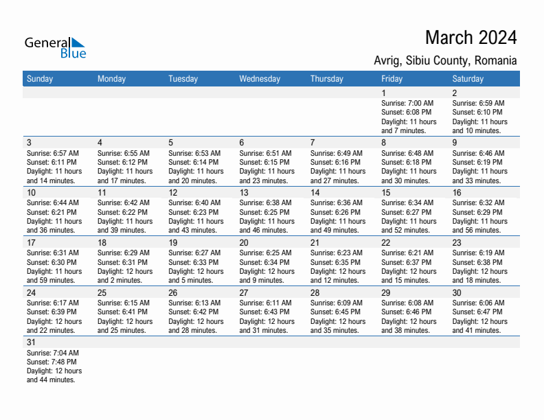 Avrig March 2024 sunrise and sunset calendar in PDF, Excel, and Word