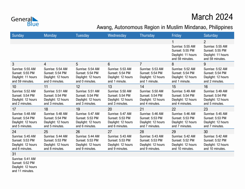 Awang March 2024 sunrise and sunset calendar in PDF, Excel, and Word