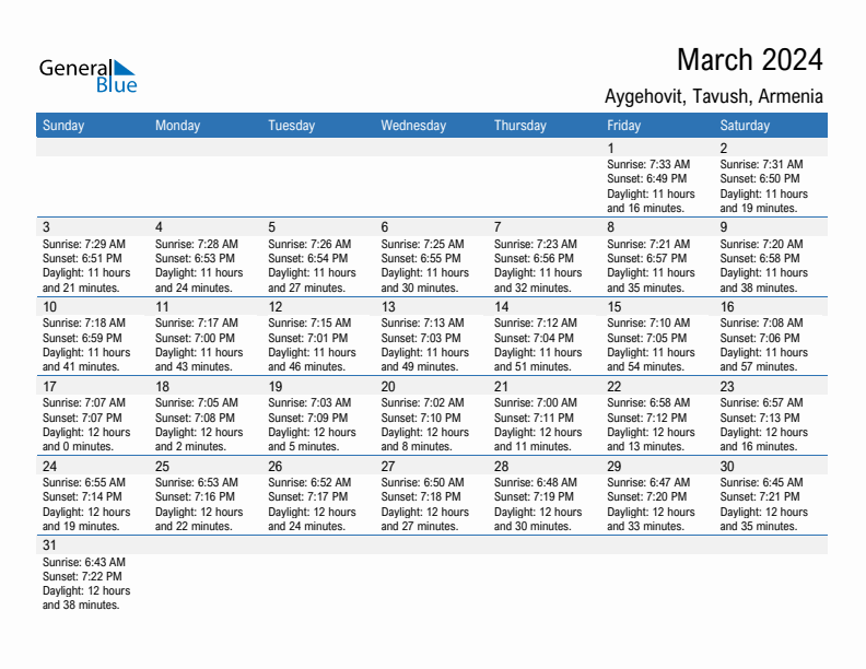 Aygehovit March 2024 sunrise and sunset calendar in PDF, Excel, and Word