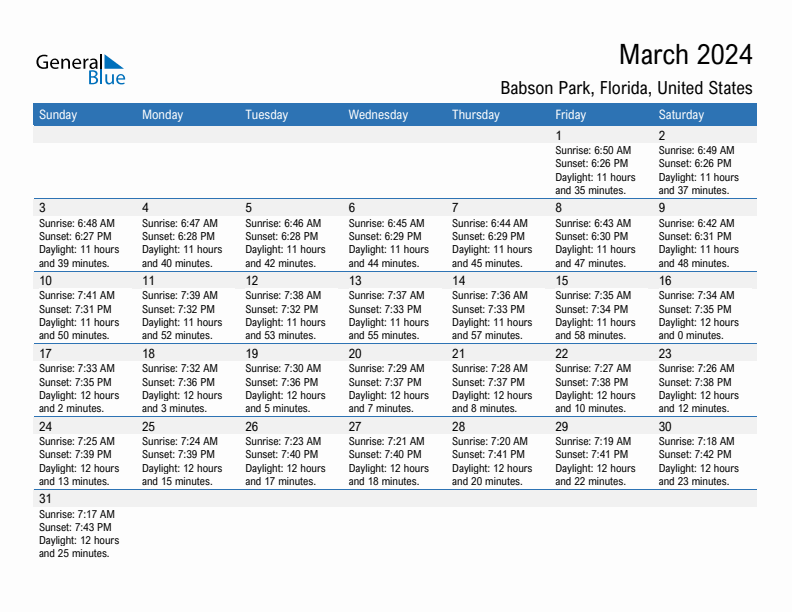 Babson Park March 2024 sunrise and sunset calendar in PDF, Excel, and Word