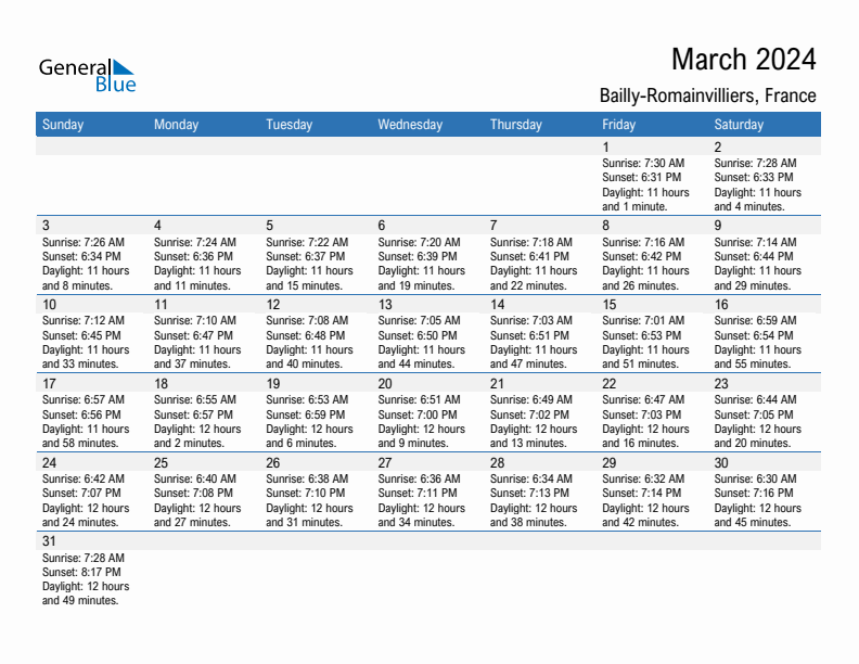 Bailly-Romainvilliers March 2024 sunrise and sunset calendar in PDF, Excel, and Word