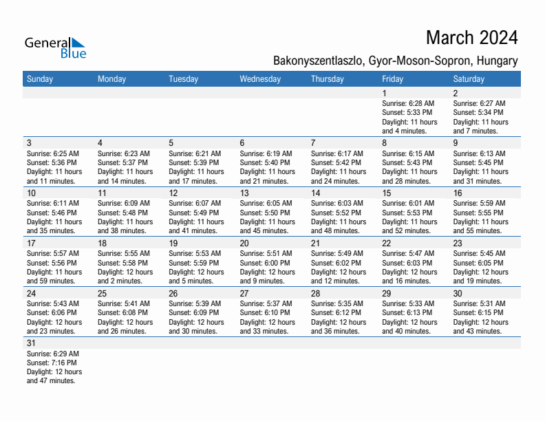 Bakonyszentlaszlo March 2024 sunrise and sunset calendar in PDF, Excel, and Word