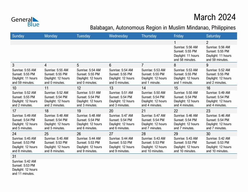 Balabagan March 2024 sunrise and sunset calendar in PDF, Excel, and Word