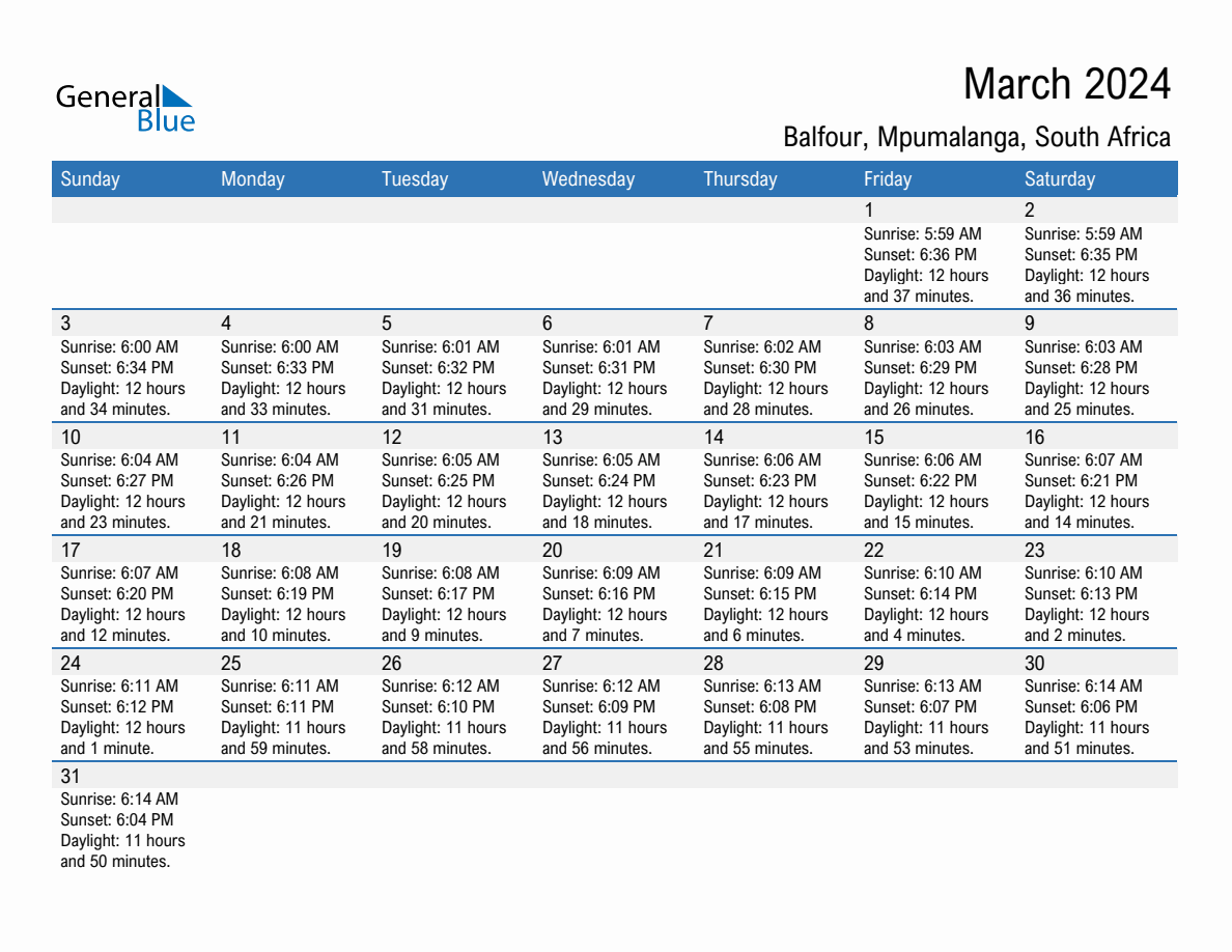 March 2024 sunrise and sunset calendar for Balfour