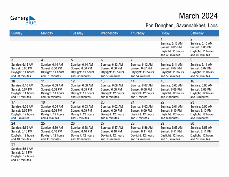 Ban Donghen March 2024 sunrise and sunset calendar in PDF, Excel, and Word