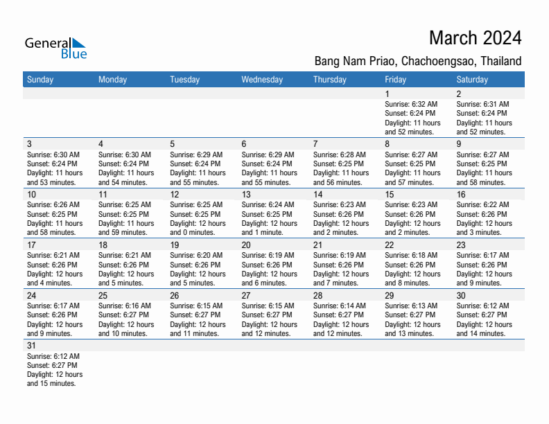 Bang Nam Priao March 2024 sunrise and sunset calendar in PDF, Excel, and Word