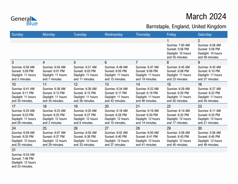 March 2024 Sunrise and Sunset Calendar for Barnstaple (PDF, Excel, Word)