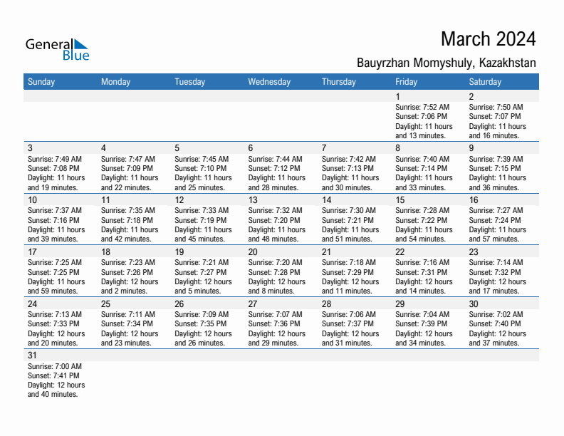 Bauyrzhan Momyshuly March 2024 sunrise and sunset calendar in PDF, Excel, and Word