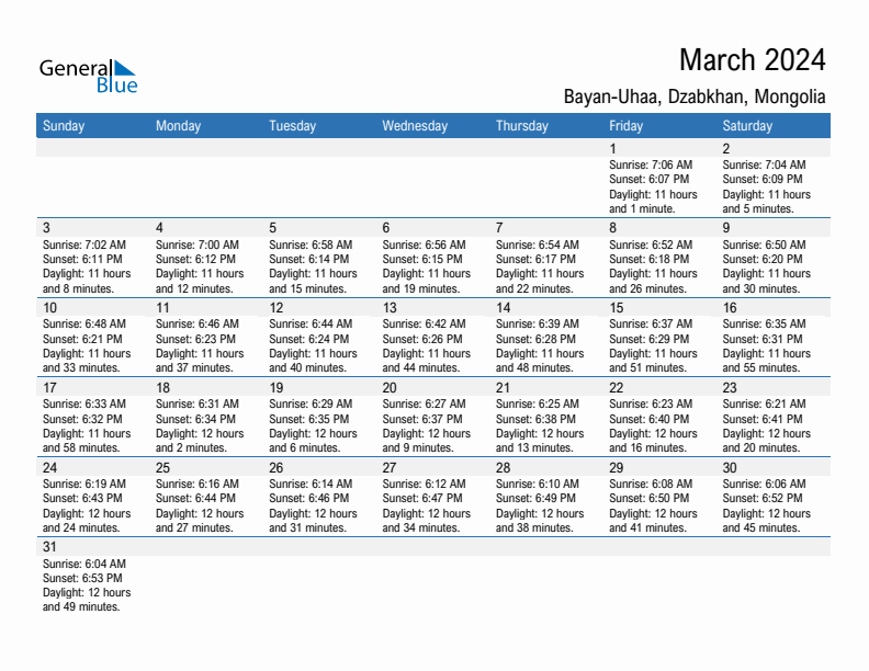 Bayan-Uhaa March 2024 sunrise and sunset calendar in PDF, Excel, and Word