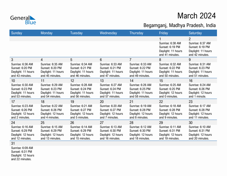 Begamganj March 2024 sunrise and sunset calendar in PDF, Excel, and Word