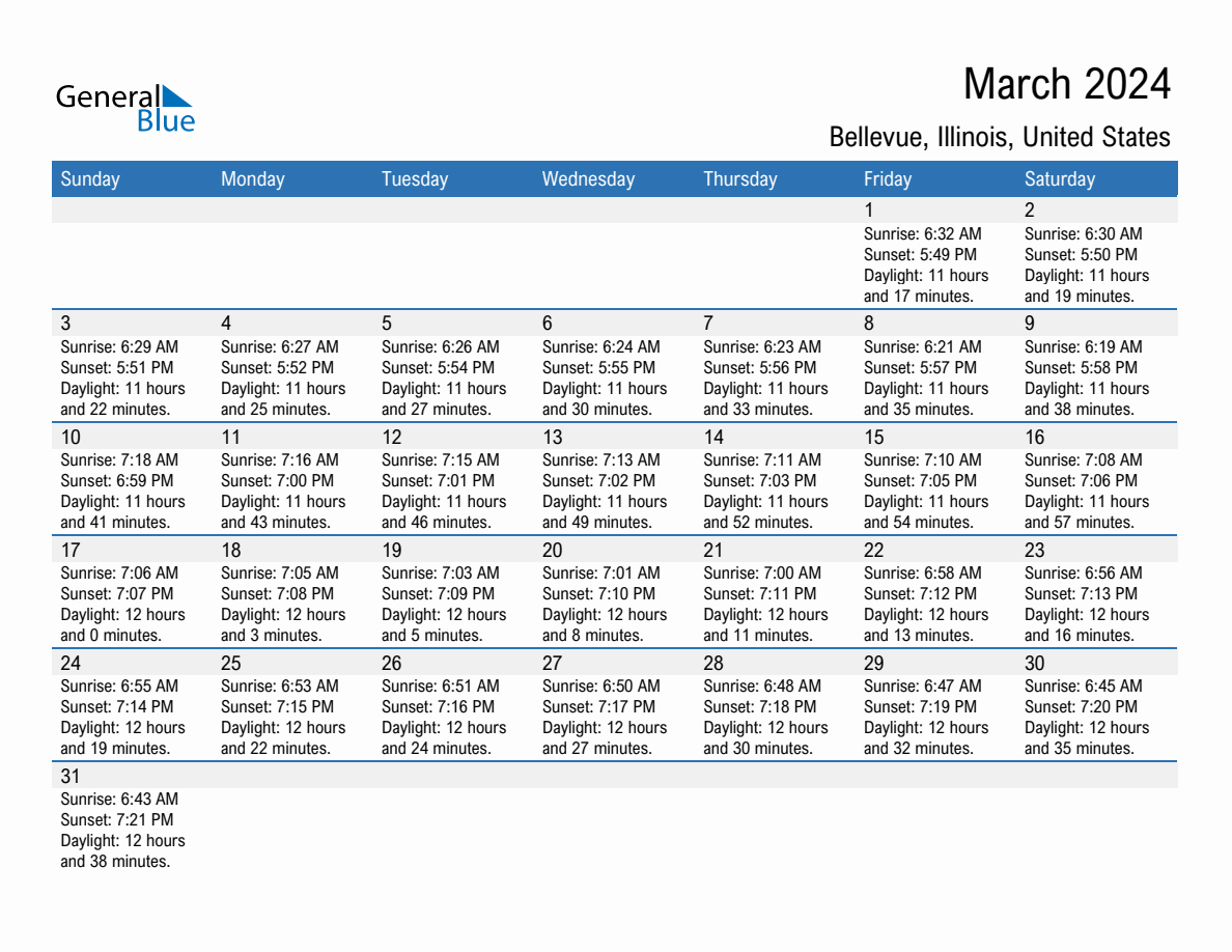 March 2024 Sunrise and Sunset Calendar for Bellevue (PDF, Excel, Word)