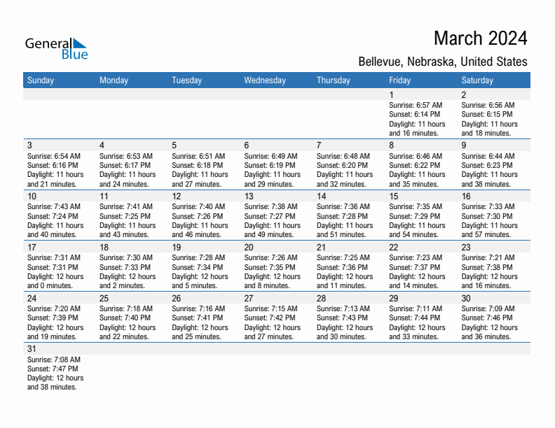 Bellevue March 2024 sunrise and sunset calendar in PDF, Excel, and Word