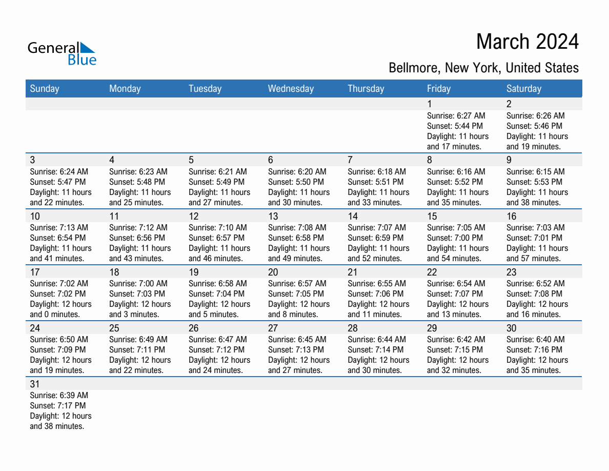 March 2024 Sunrise and Sunset Calendar for Bellmore (PDF, Excel, Word)