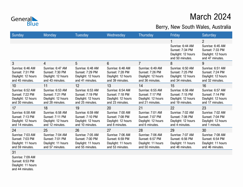 Berry March 2024 sunrise and sunset calendar in PDF, Excel, and Word