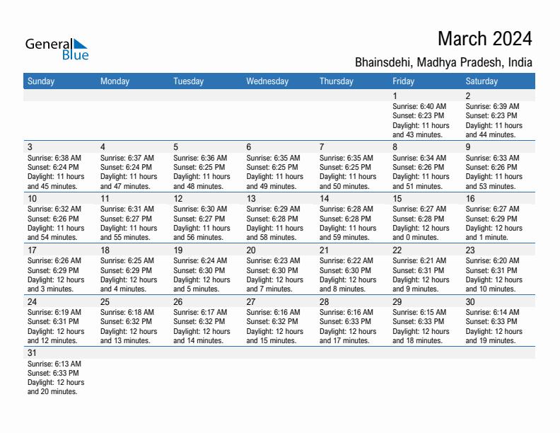 Bhainsdehi March 2024 sunrise and sunset calendar in PDF, Excel, and Word