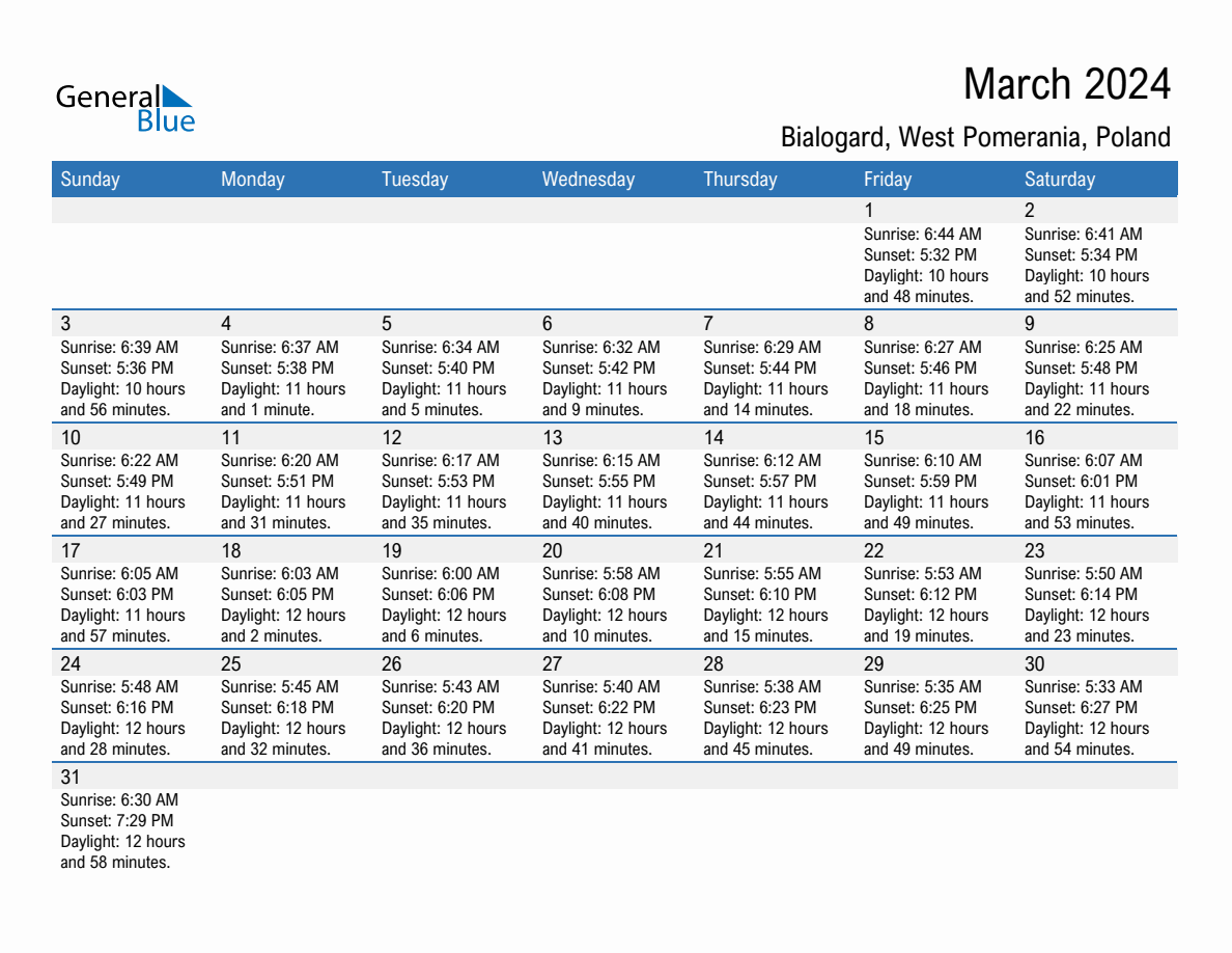 March 2024 sunrise and sunset calendar for Bialogard