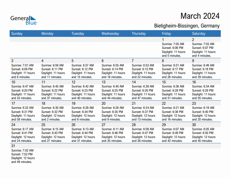 Bietigheim-Bissingen March 2024 sunrise and sunset calendar in PDF, Excel, and Word