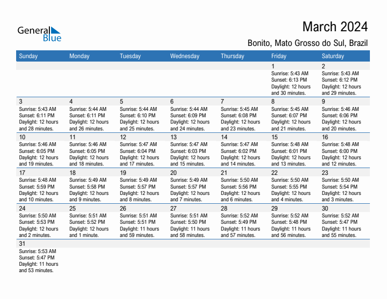 Bonito March 2024 sunrise and sunset calendar in PDF, Excel, and Word