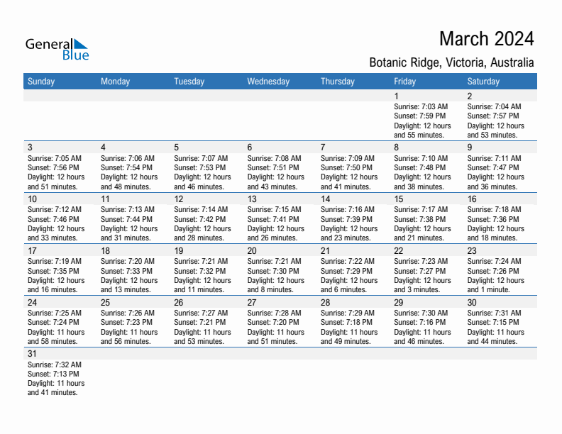 Botanic Ridge March 2024 sunrise and sunset calendar in PDF, Excel, and Word