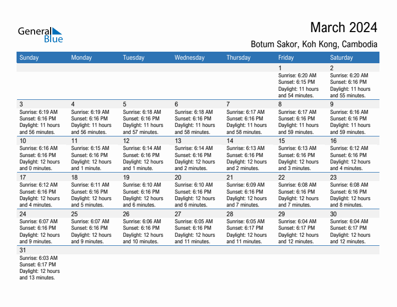 Botum Sakor March 2024 sunrise and sunset calendar in PDF, Excel, and Word