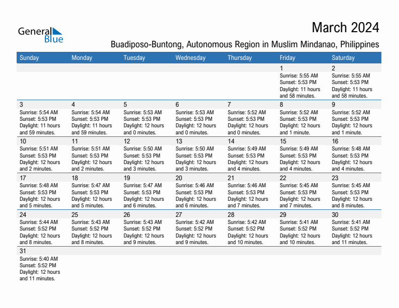 Buadiposo-Buntong March 2024 sunrise and sunset calendar in PDF, Excel, and Word