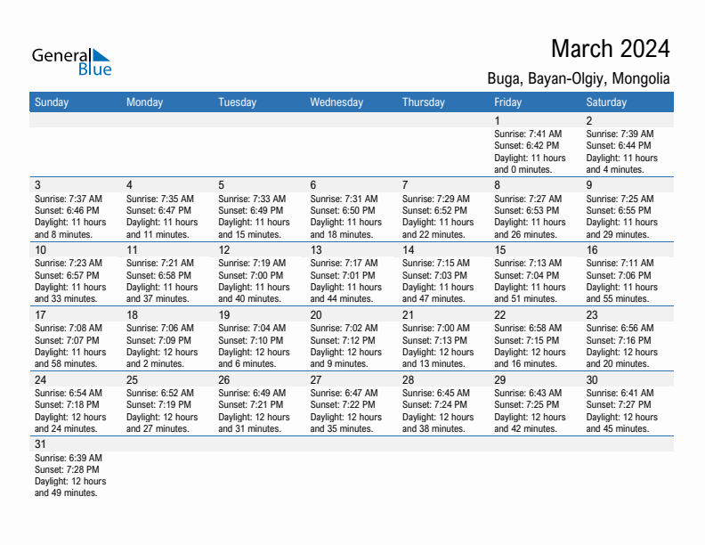 Buga March 2024 sunrise and sunset calendar in PDF, Excel, and Word