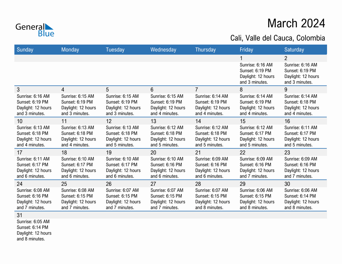 March 2024 sunrise and sunset calendar for Cali