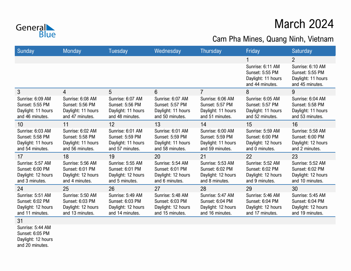 March 2024 sunrise and sunset calendar for Cam Pha Mines