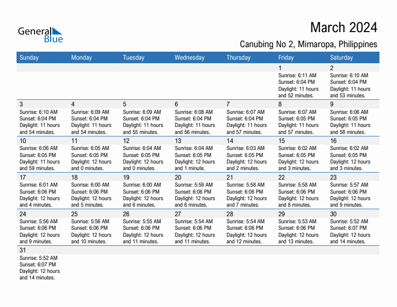 Canubing No 2 March 2024 sunrise and sunset calendar in PDF, Excel, and Word