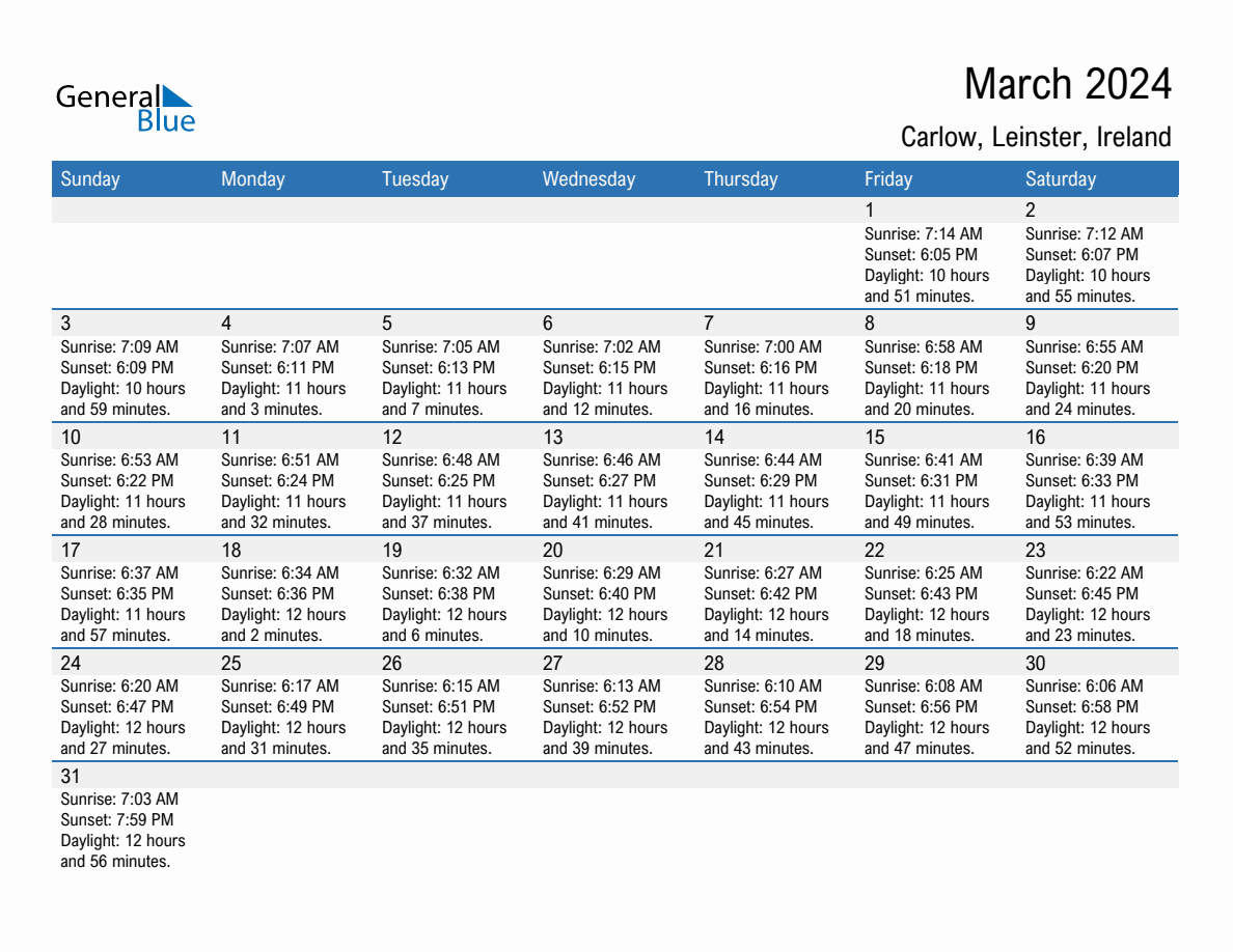March 2024 sunrise and sunset calendar for Carlow