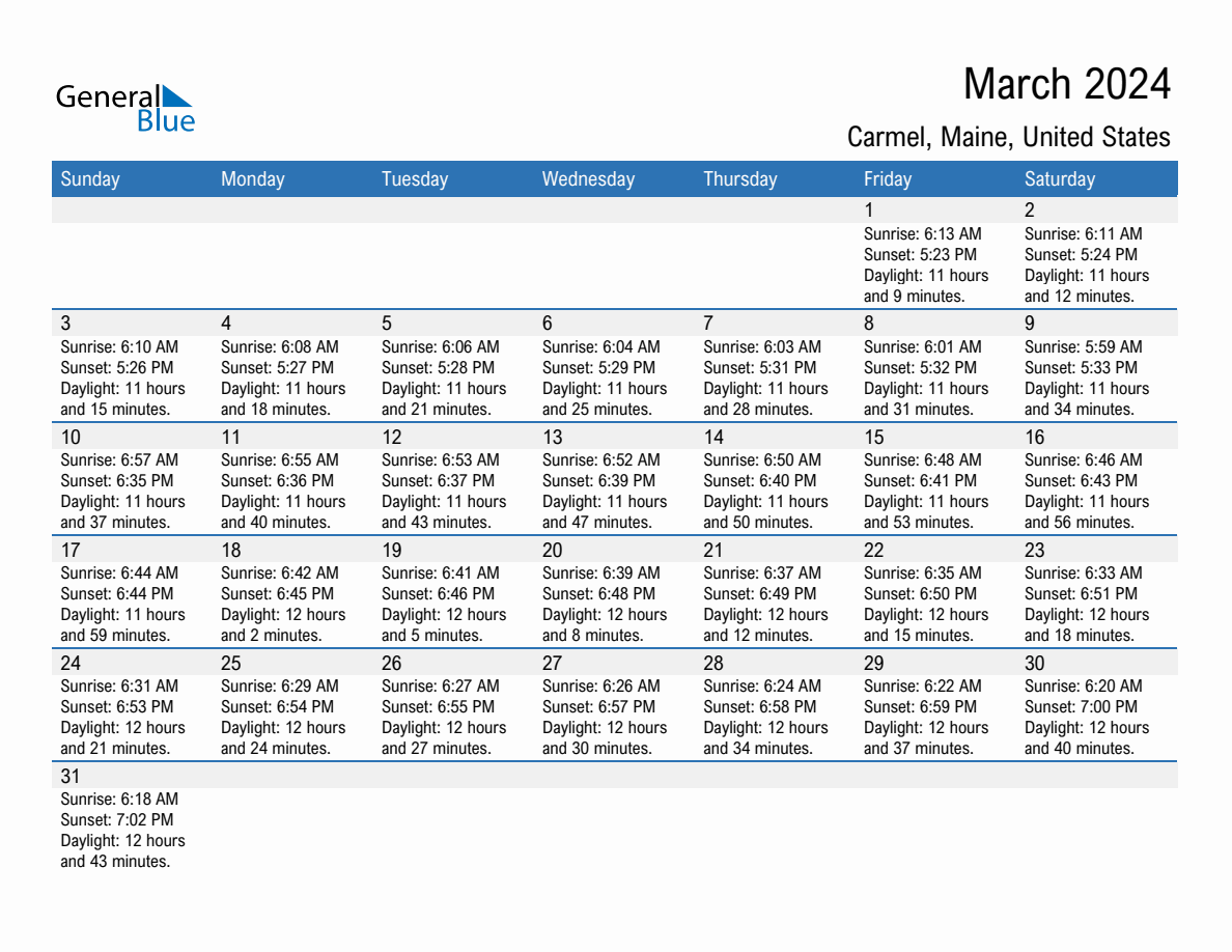 March 2024 Sunrise and Sunset Calendar for Carmel (PDF, Excel, Word)