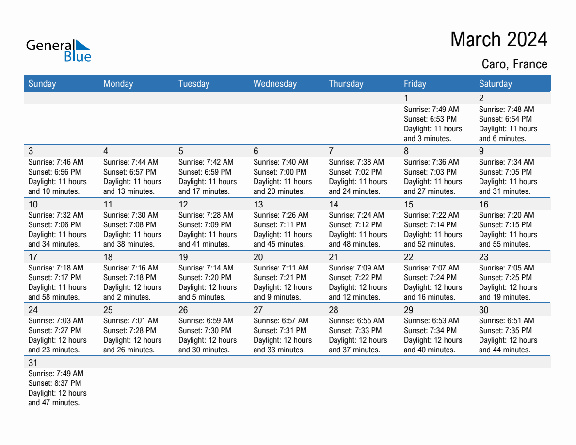 March 2024 Sunrise and Sunset Calendar for Caro (PDF, Excel, Word)