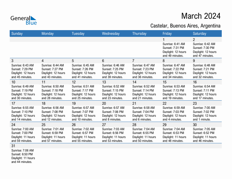 Castelar March 2024 sunrise and sunset calendar in PDF, Excel, and Word