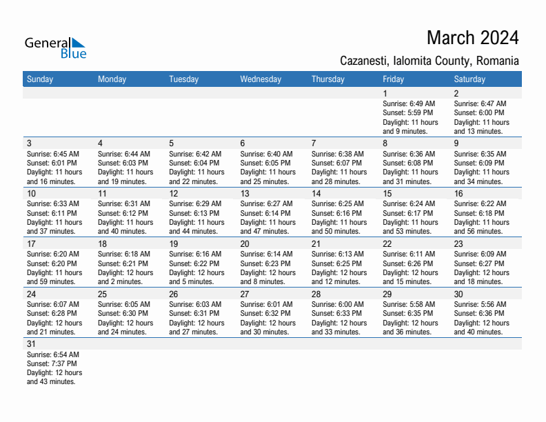 Cazanesti March 2024 sunrise and sunset calendar in PDF, Excel, and Word