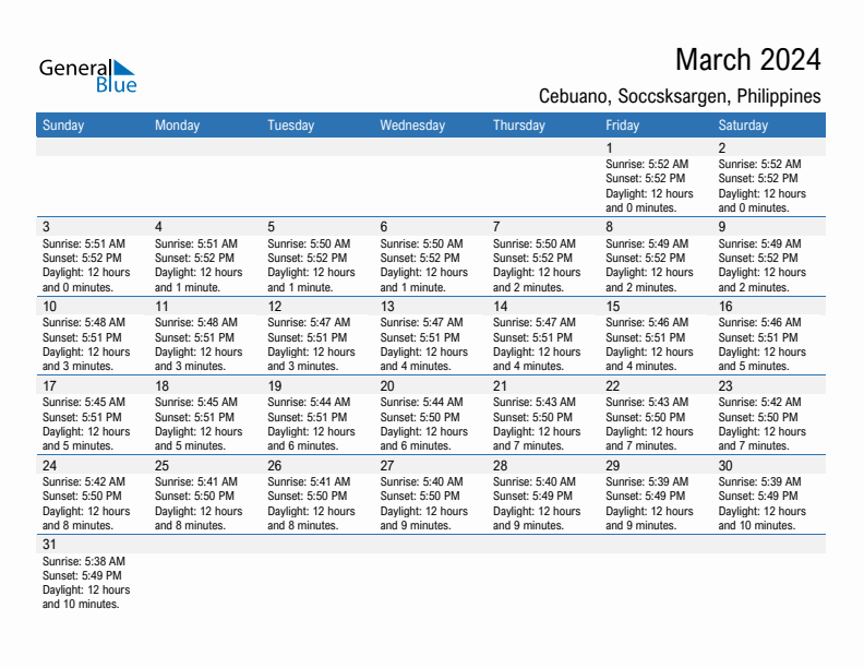 Cebuano March 2024 sunrise and sunset calendar in PDF, Excel, and Word