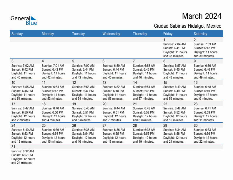 Ciudad Sabinas Hidalgo March 2024 sunrise and sunset calendar in PDF, Excel, and Word