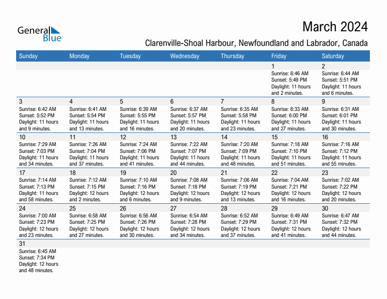 Clarenville-Shoal Harbour March 2024 sunrise and sunset calendar in PDF, Excel, and Word