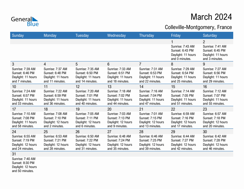 Colleville-Montgomery March 2024 sunrise and sunset calendar in PDF, Excel, and Word