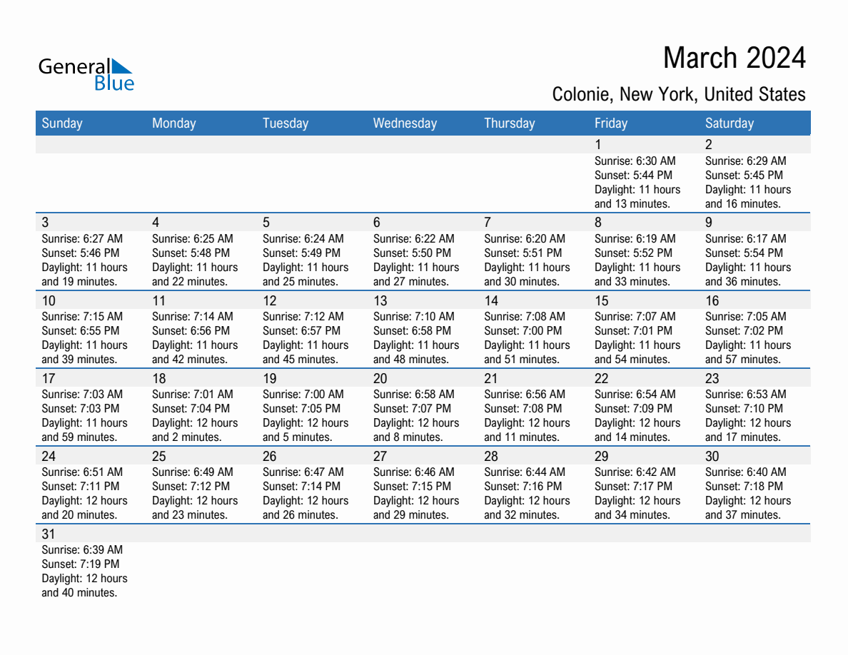 March 2024 Sunrise and Sunset Calendar for Colonie (PDF Excel Word)