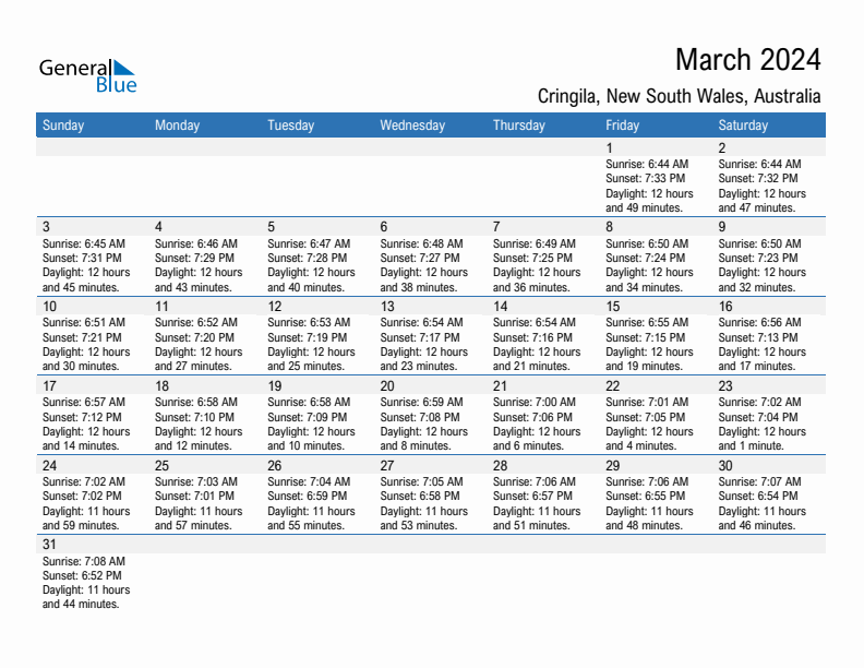 Cringila March 2024 sunrise and sunset calendar in PDF, Excel, and Word