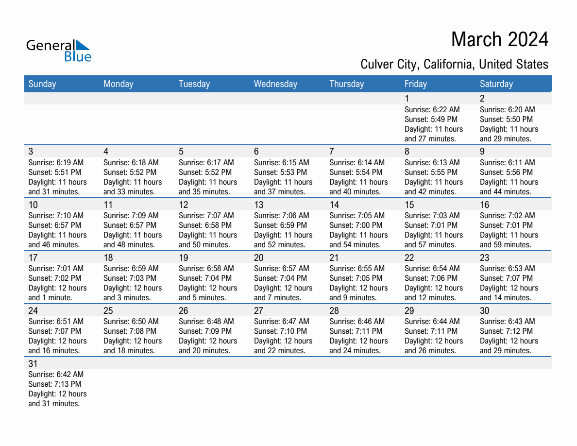 March 2024 Sunrise and Sunset Calendar for Culver City (PDF, Excel, Word)