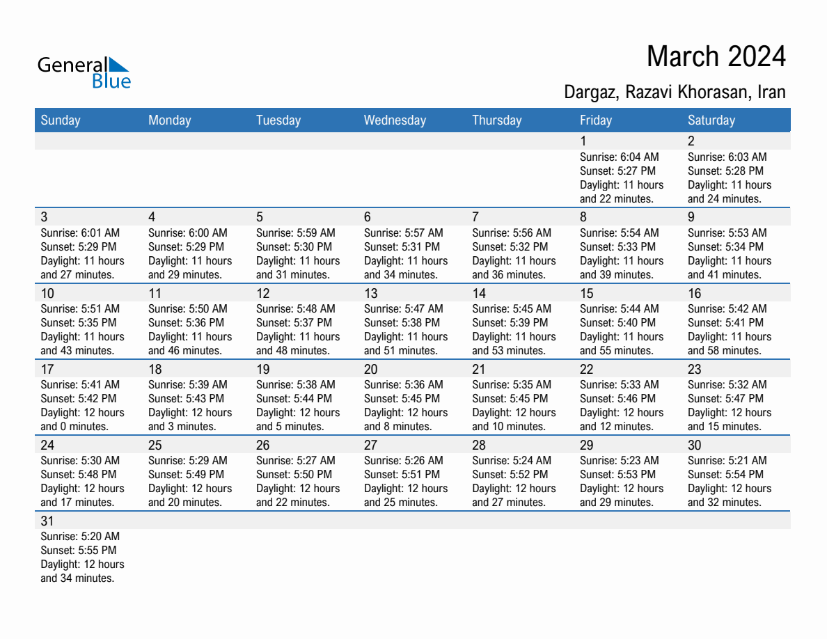 March 2024 sunrise and sunset calendar for Dargaz