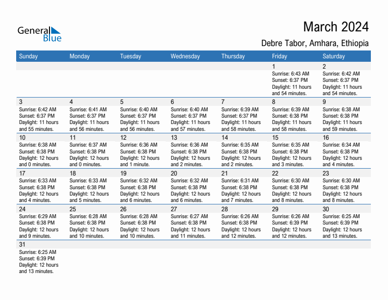 Debre Tabor March 2024 sunrise and sunset calendar in PDF, Excel, and Word