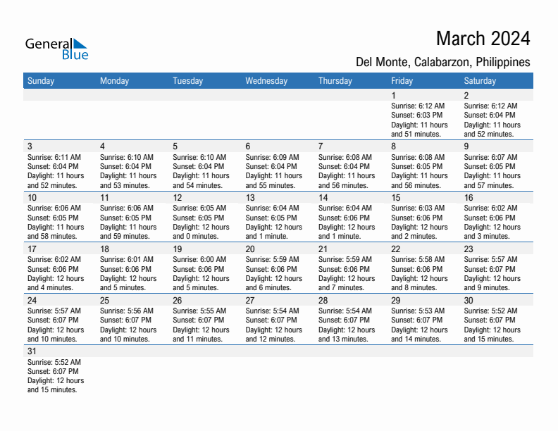 Del Monte March 2024 sunrise and sunset calendar in PDF, Excel, and Word