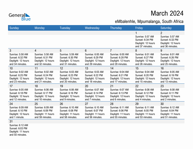 eMbalenhle March 2024 sunrise and sunset calendar in PDF, Excel, and Word
