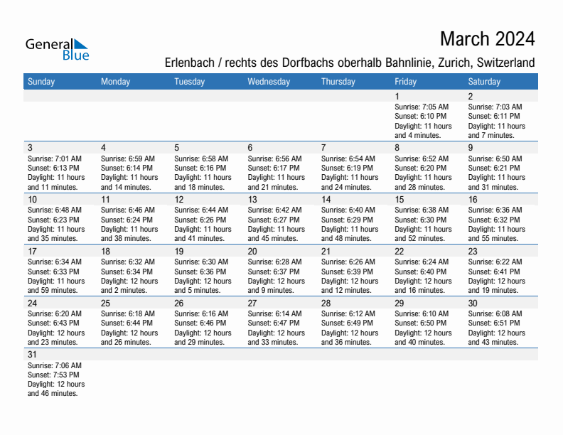 Erlenbach / rechts des Dorfbachs oberhalb Bahnlinie March 2024 sunrise and sunset calendar in PDF, Excel, and Word