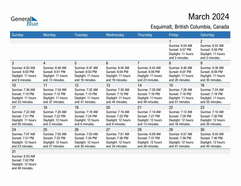 Esquimalt March 2024 sunrise and sunset calendar in PDF, Excel, and Word