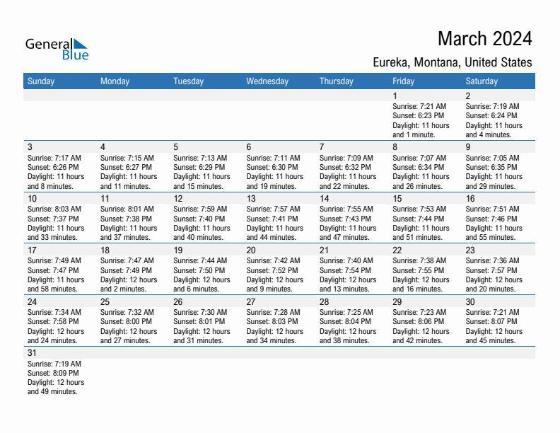 Eureka March 2024 sunrise and sunset calendar in PDF, Excel, and Word