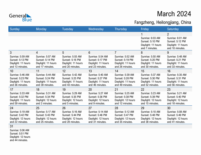 Fangzheng March 2024 sunrise and sunset calendar in PDF, Excel, and Word